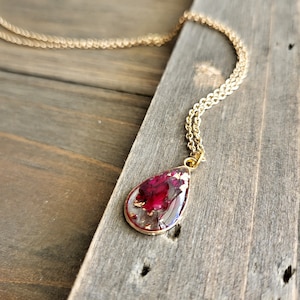 Petite Rose Petal Resin Necklace- 18 Karat Gold Necklace Chain- Real Gold Necklace- Real Flower Necklace- Flowers in Resin- Resin Pendant