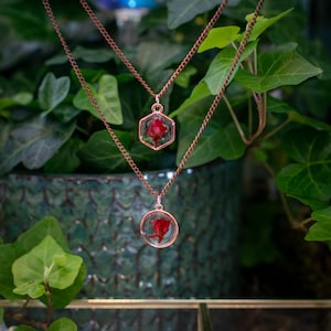 Red Rose Necklace Real Dried Flowers Resin Nature Jewelry Rose Gold Pendant Gift for Her Anniversary Birthday Galentines Day Valentines Gift